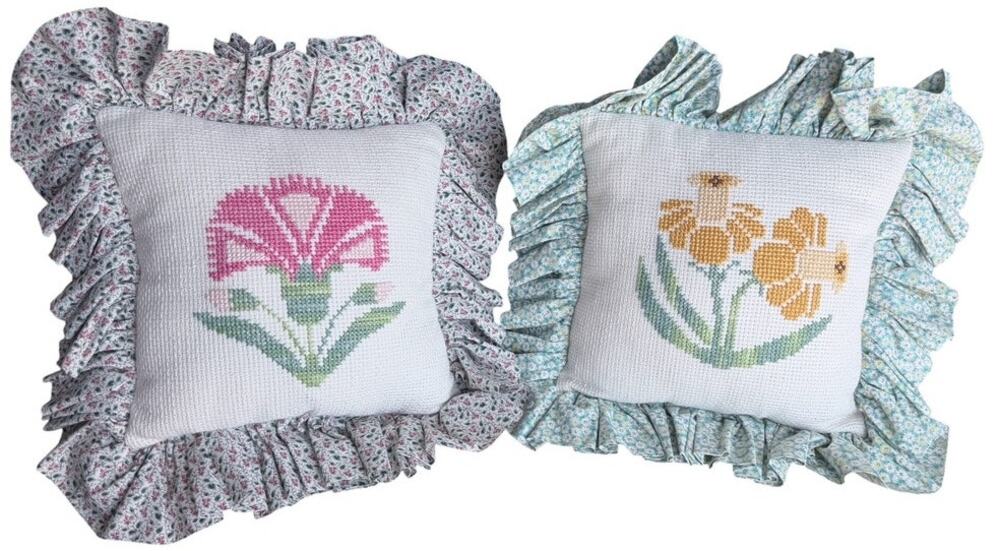 Charming Handmade Needlepoint Flowers Accent Pillows Ruffled Ditsy Floral Trim